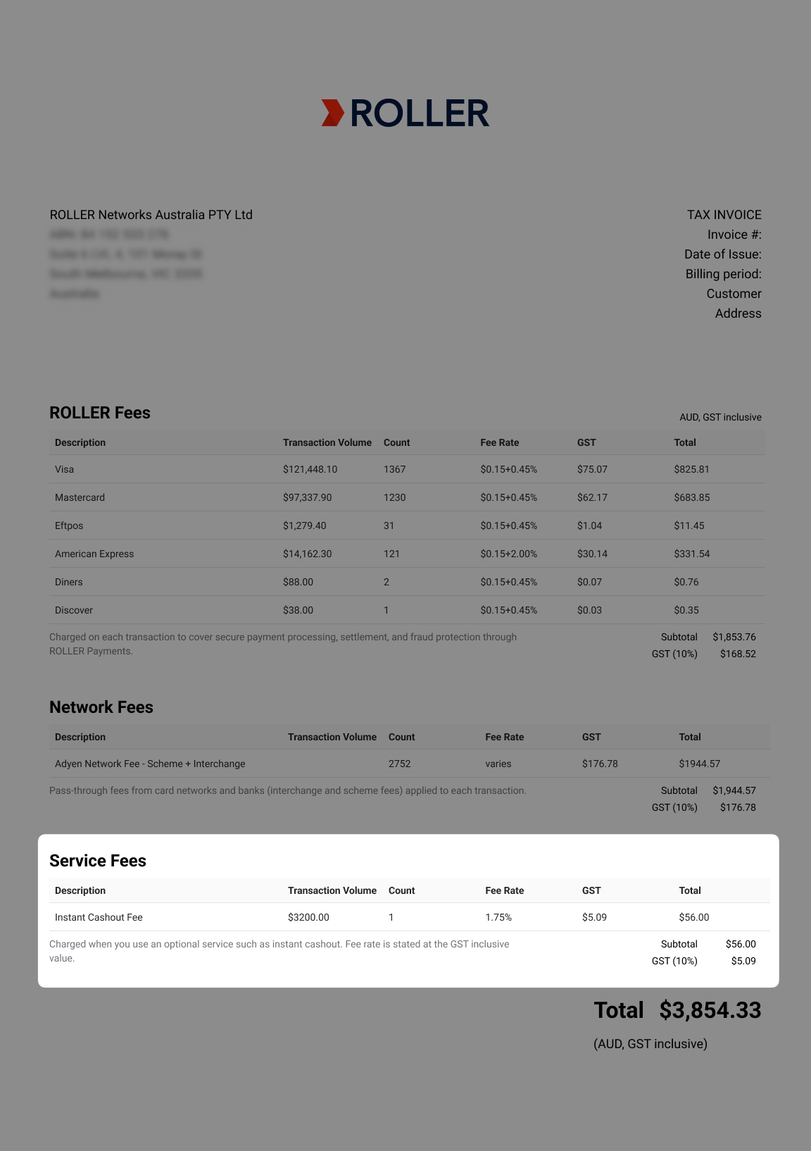 Invoice detailing transaction fees, service charges, and total amount due for services.